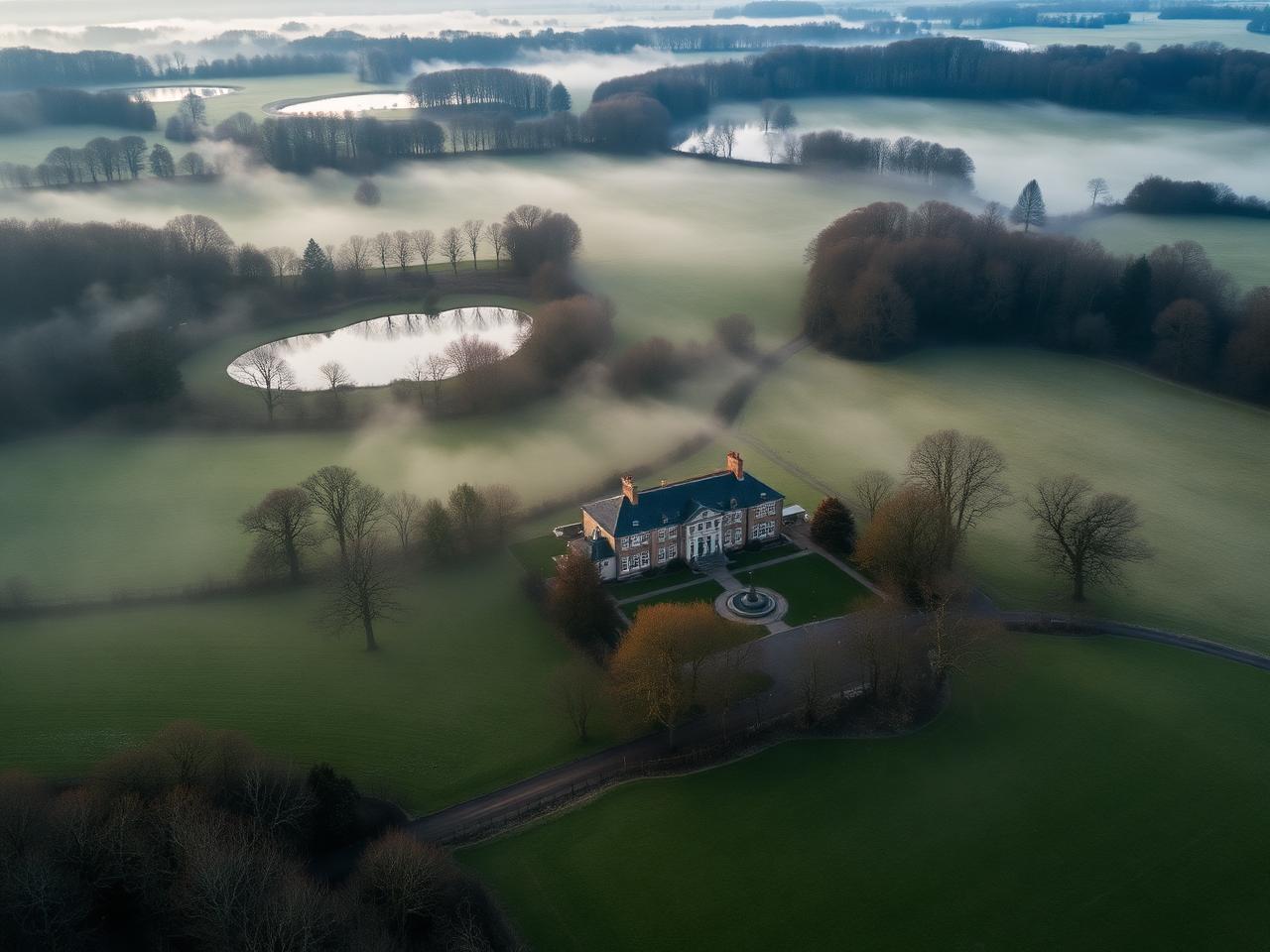 Aerial view of the estate's lakes, woodland and frosted pasture in winter