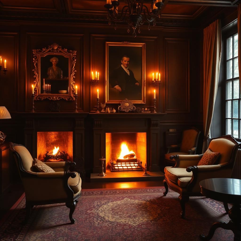 Manor drawing room with a roaring fireplace, candlelight and antique armchairs